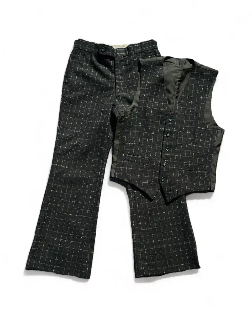 vintage check green bootcut vest suit